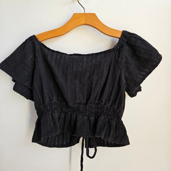 Polly Black Crop Tie Front Top Size 4 Flutter Sleeve Festival Concert Milk Maid - Picture 7 of 9